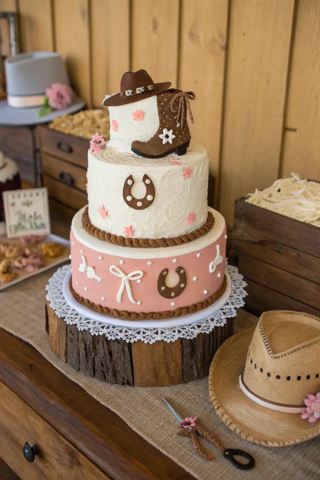A homespun timber look creates a nature-inspired and earthy feel for this cowgirl cake.