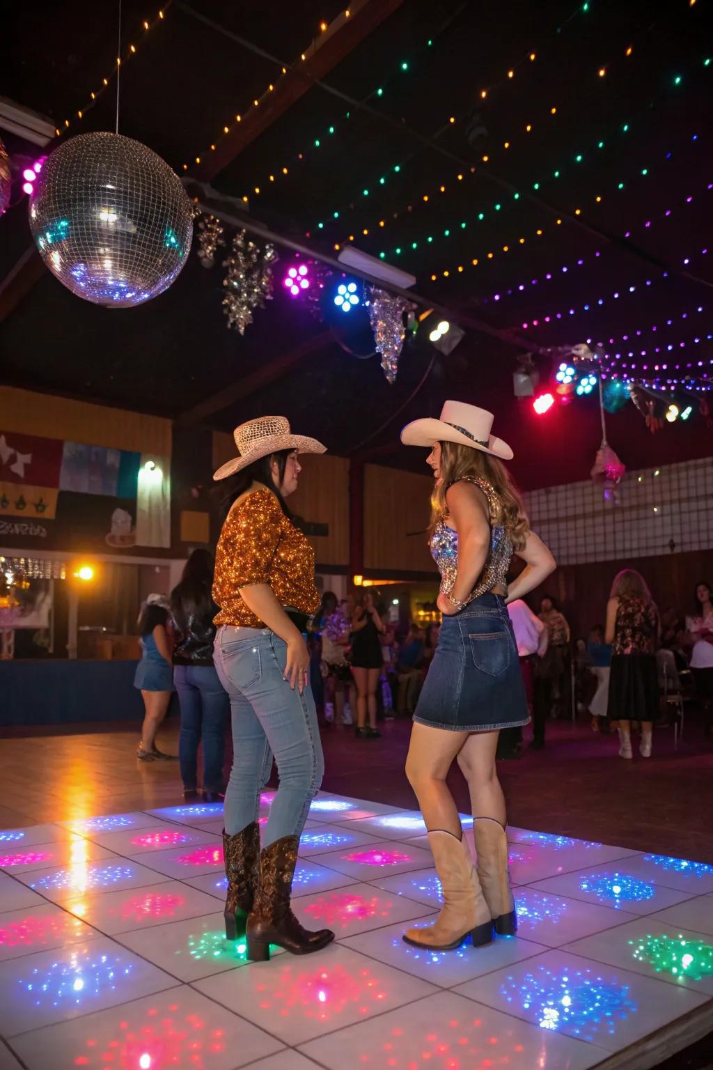 A disco cowgirl dance floor mixes custom with fun.