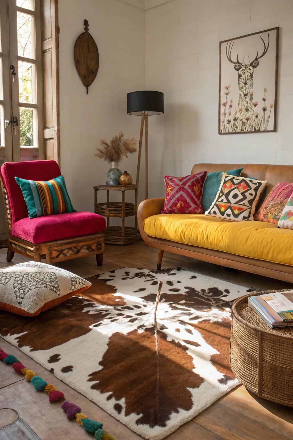 A room with a diverse color palette complemented by cowhide decor.
