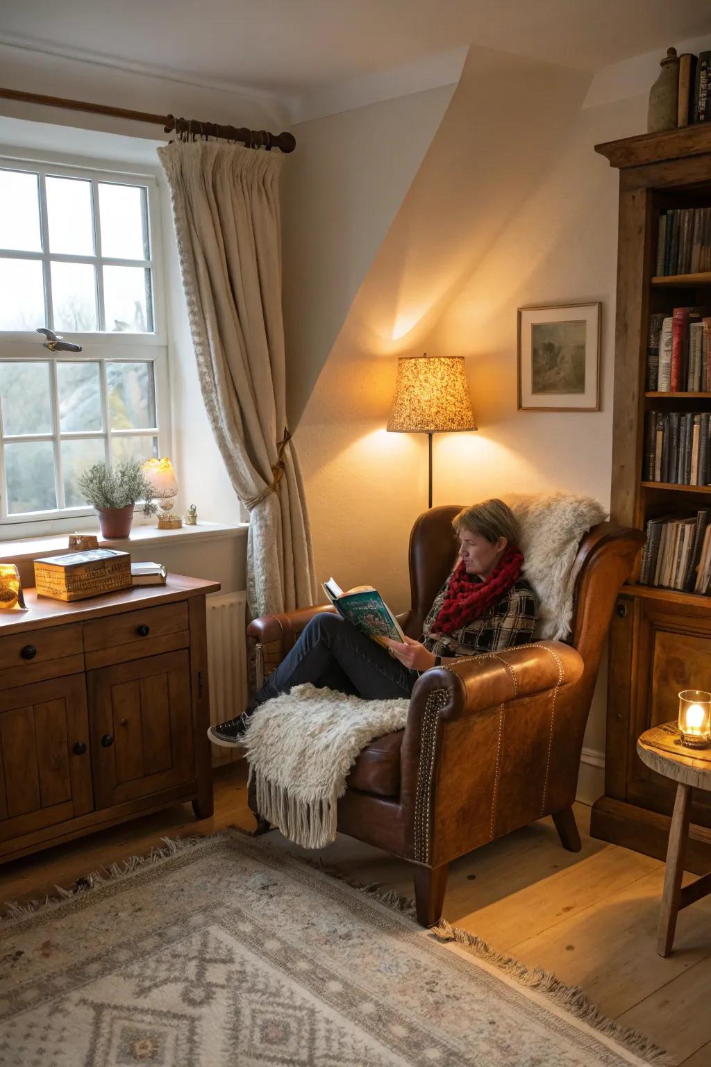 A cozy bedroom corner showcasing a well-loved hide seat.