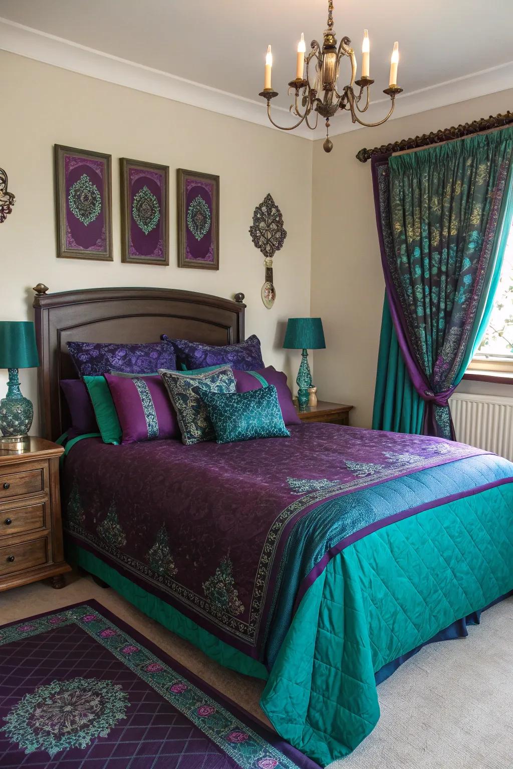 Precious stone tones bring a luxurious and regal touch to the bedroom.