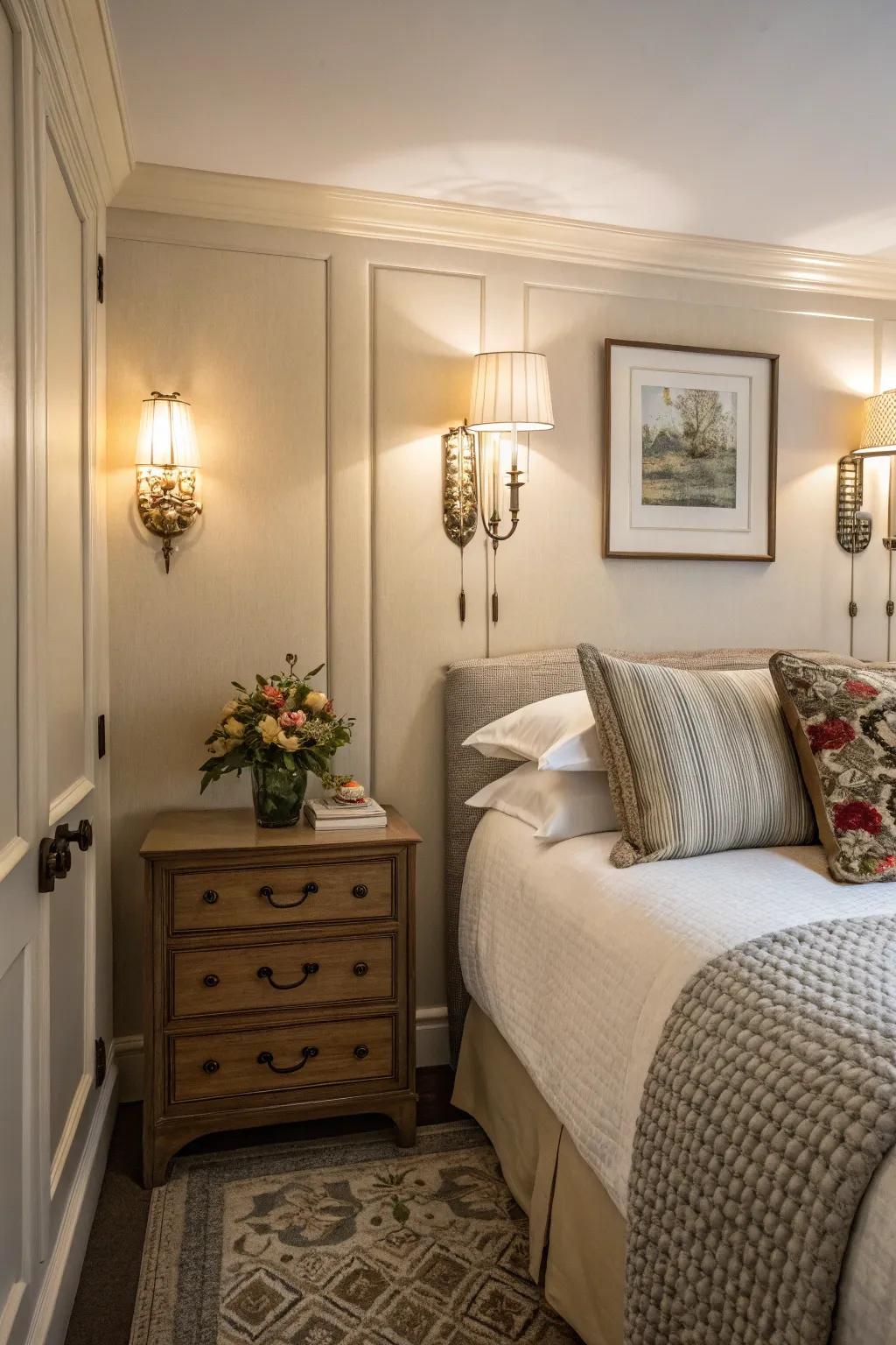Wall sconces add elegance and save space in small bedrooms.
