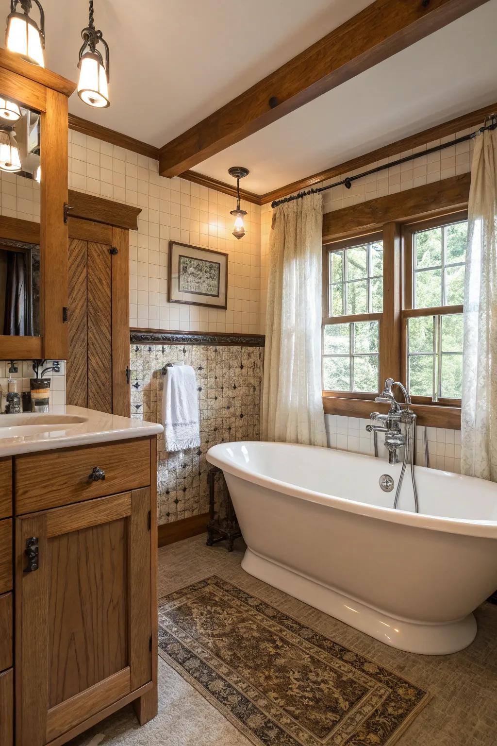 A freestanding bathing tub providing elegance in the craftsman bathroom.