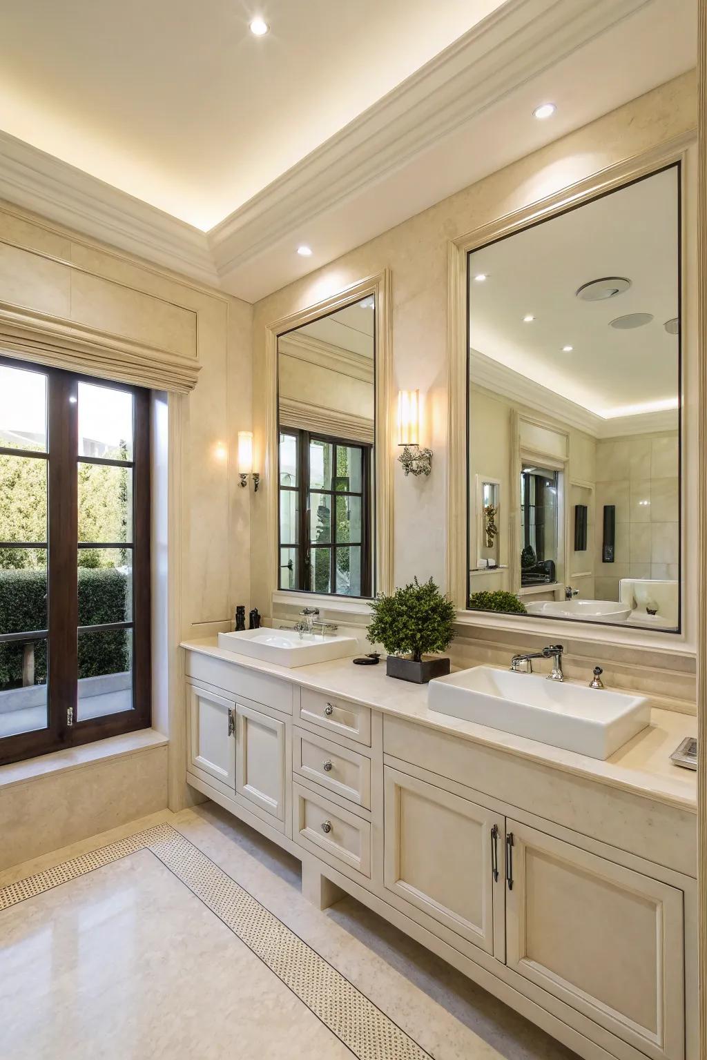Mirrored surfaces make this cream bathroom feel more spacious.
