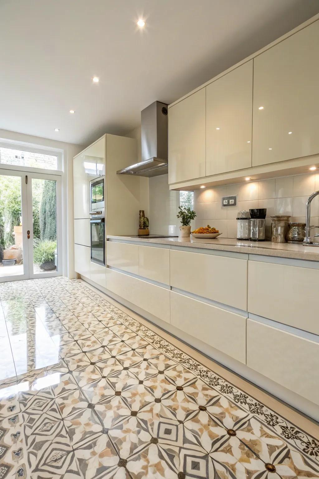 Angular designs infusing a modern twist into a cream gloss kitchen.