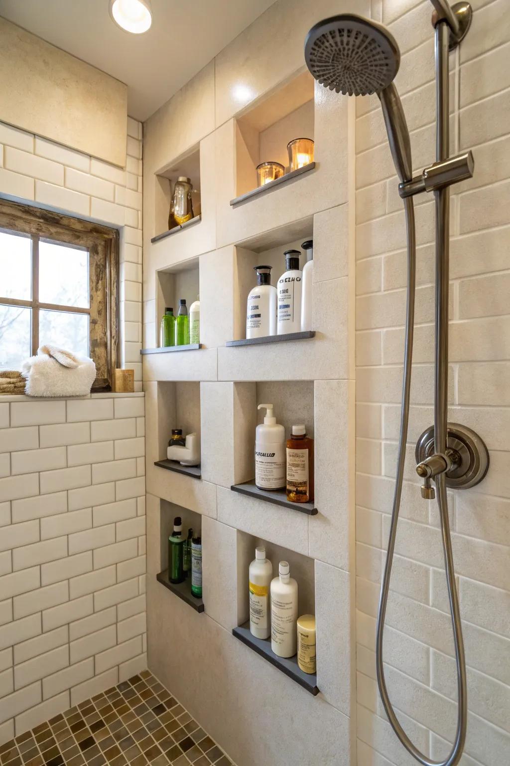 Wall alcoves offer sleek and functional built-in storage.