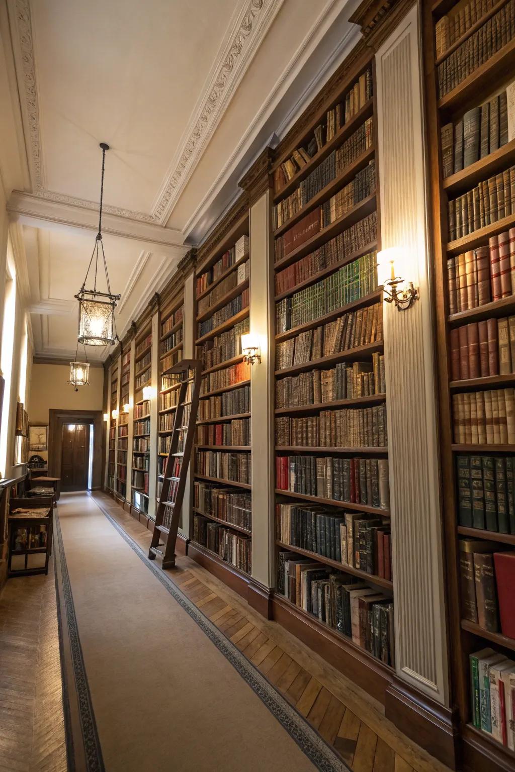 Ceiling-high shelves establish a dramatic and useful library impression.