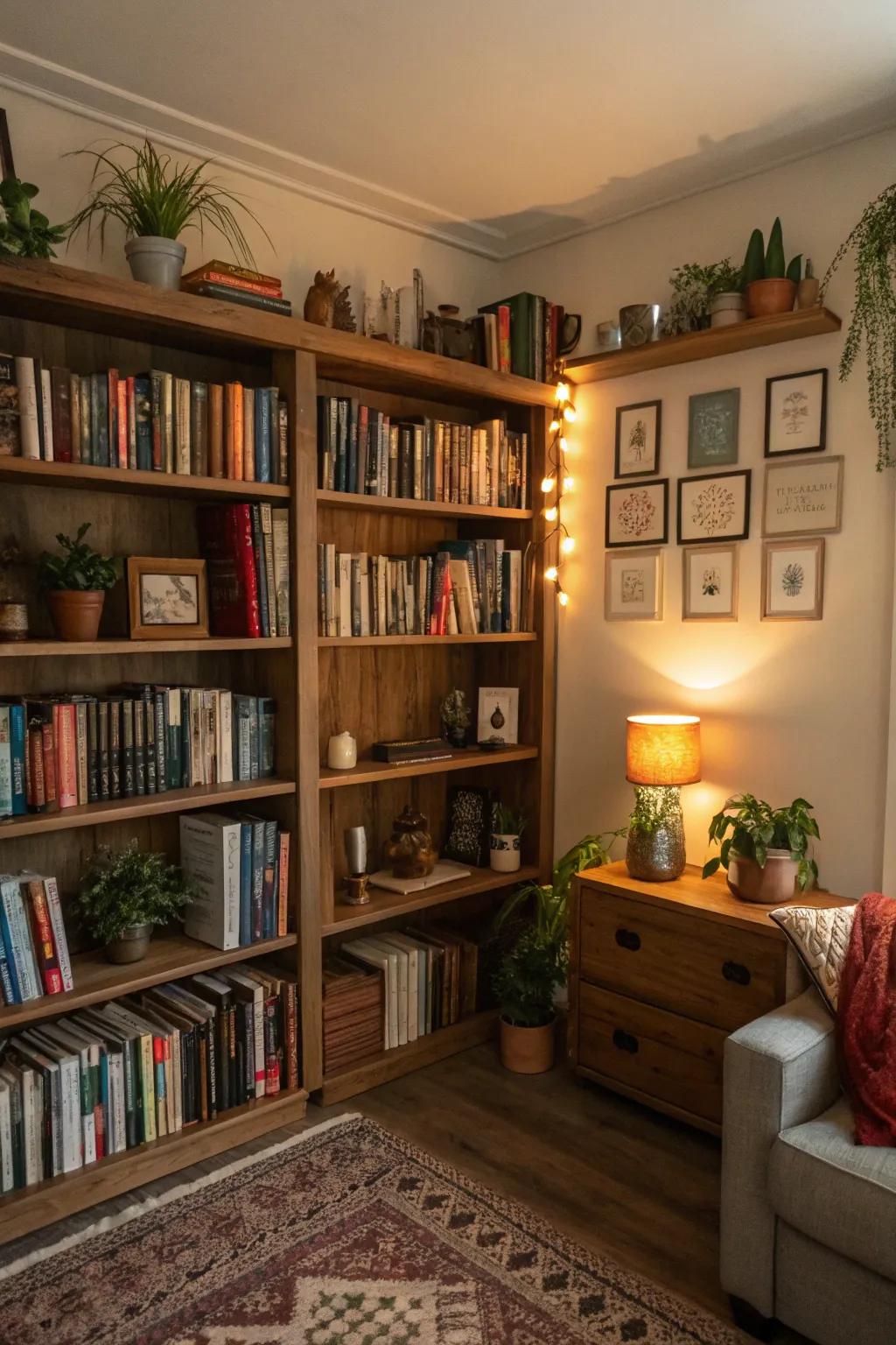 Corner bookshelves exploit every inch of available area.