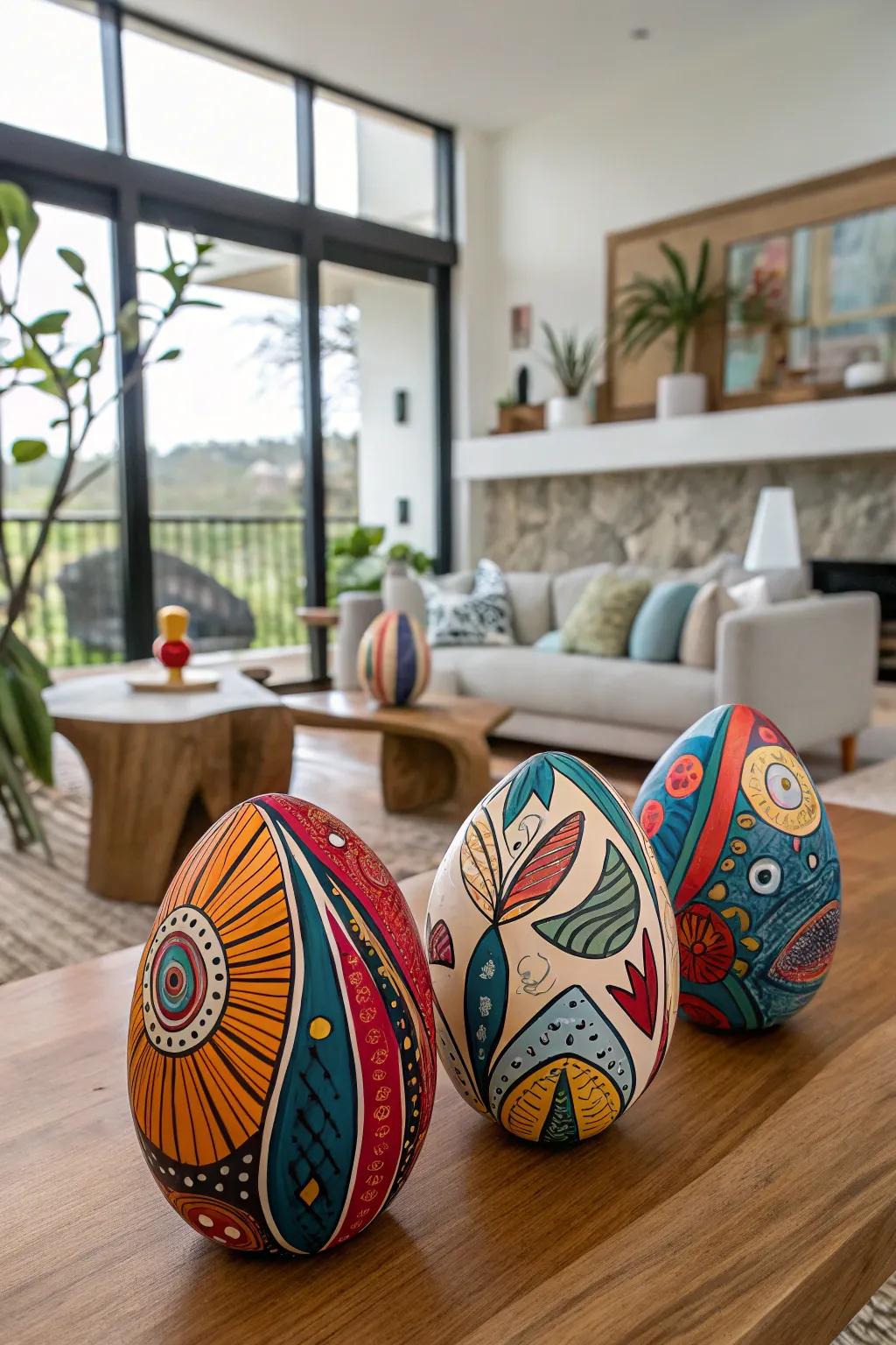 Strange art eggs that add a new touch to living room decor.