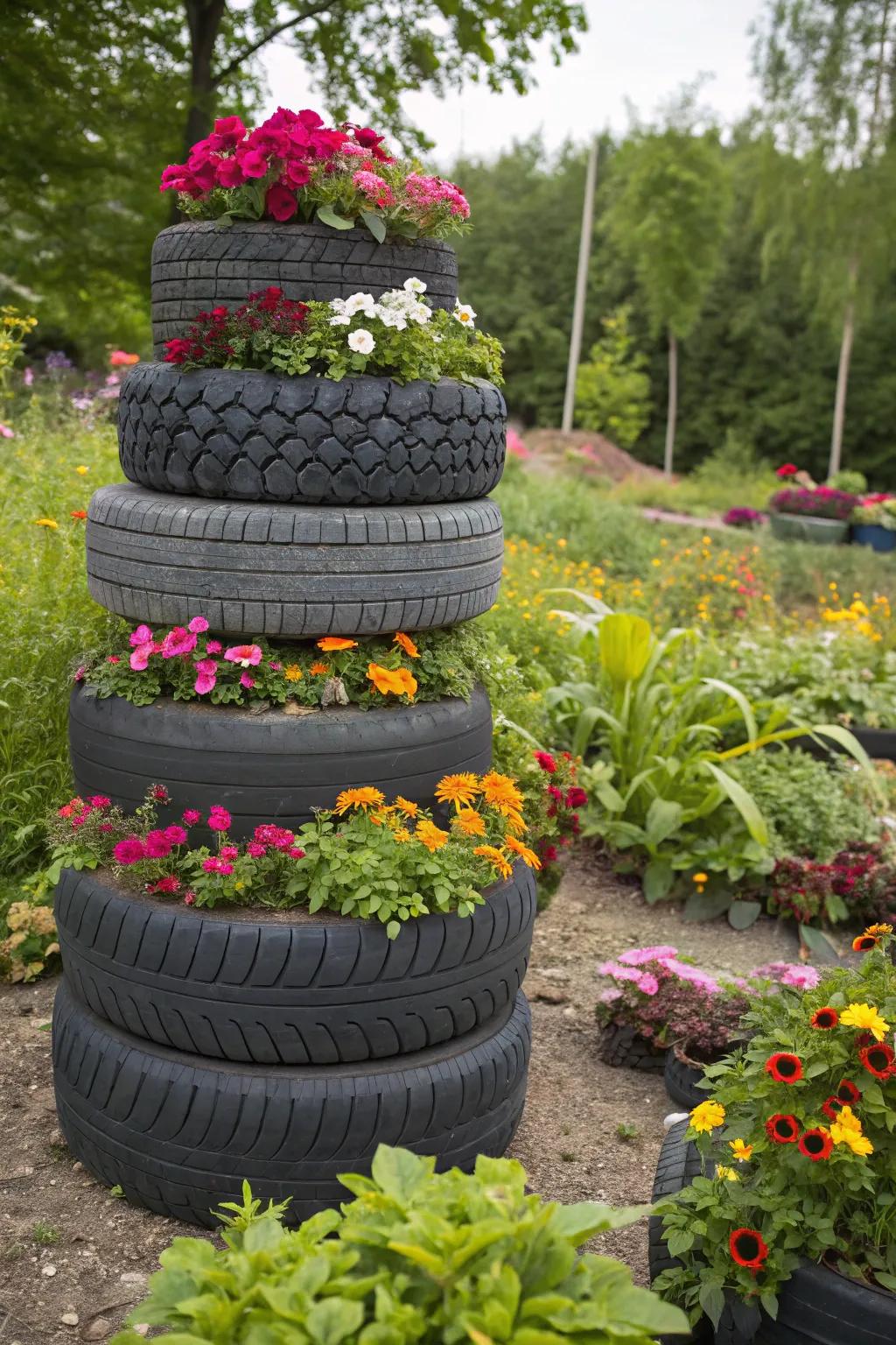 Stunning pyramid bed made from layered tires.