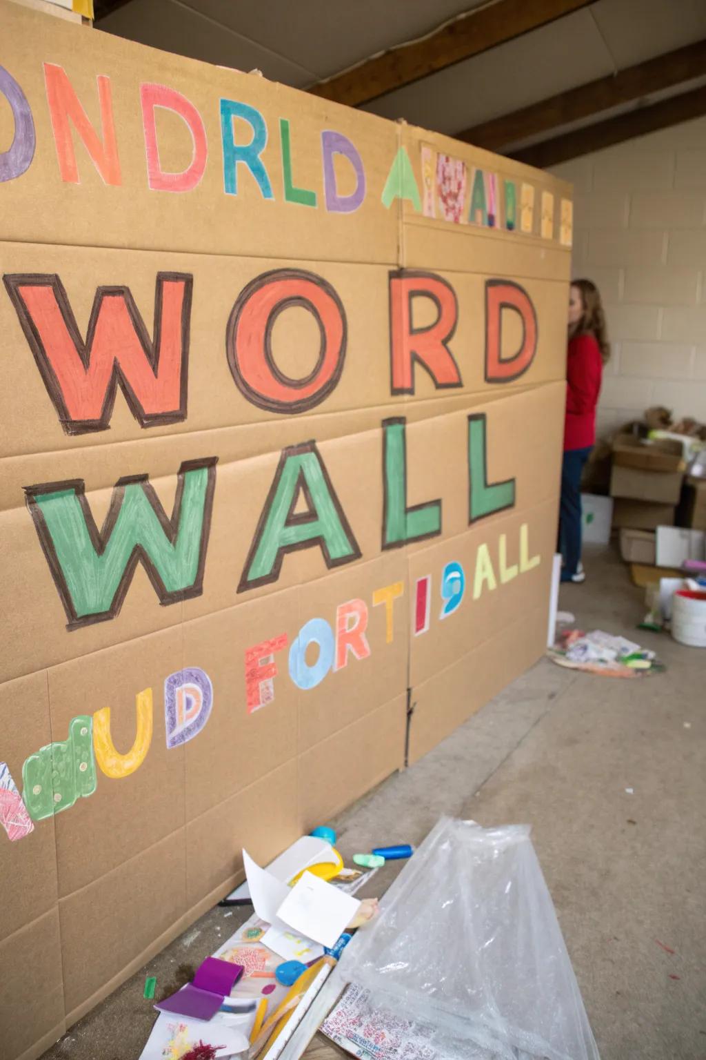 A sustainable word wall featuring recycled materials