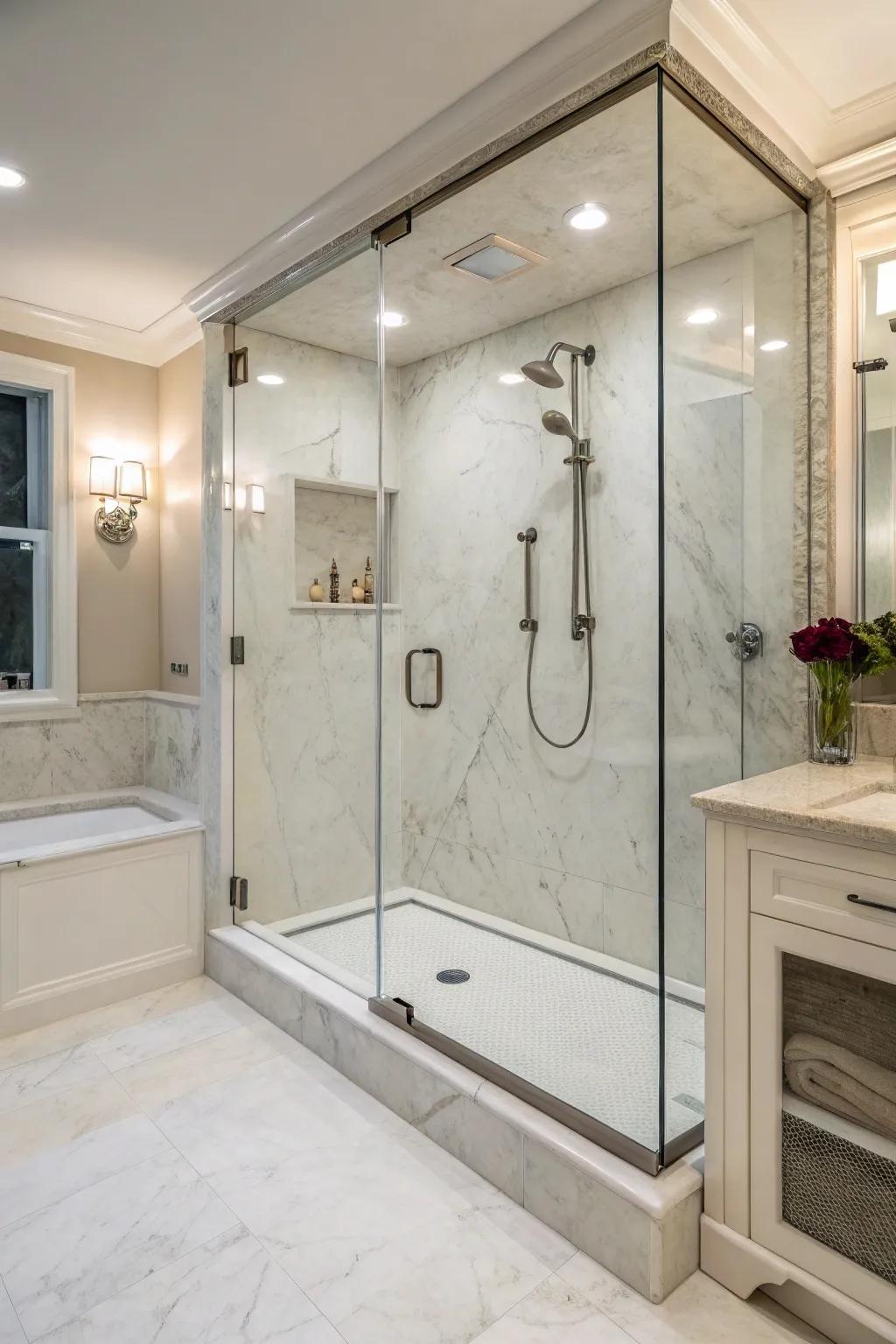 Borderless designs accentuate the seamless beauty of cultured marble showers.