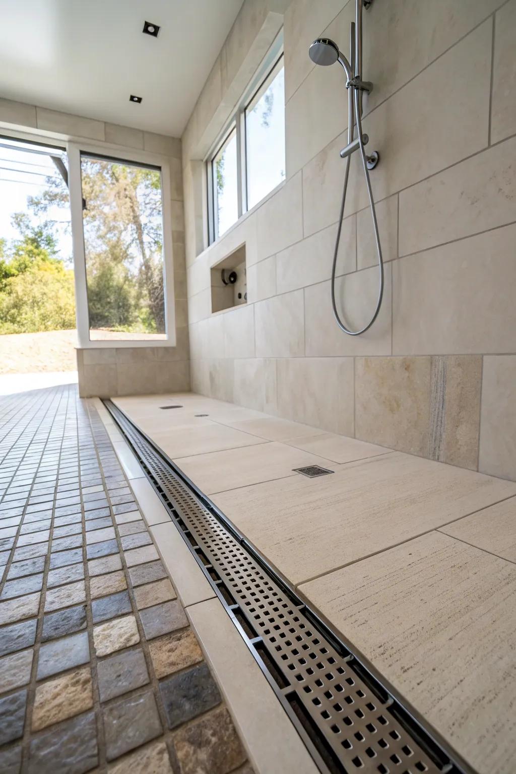 A line drain complements the simple, modern design of this shower.