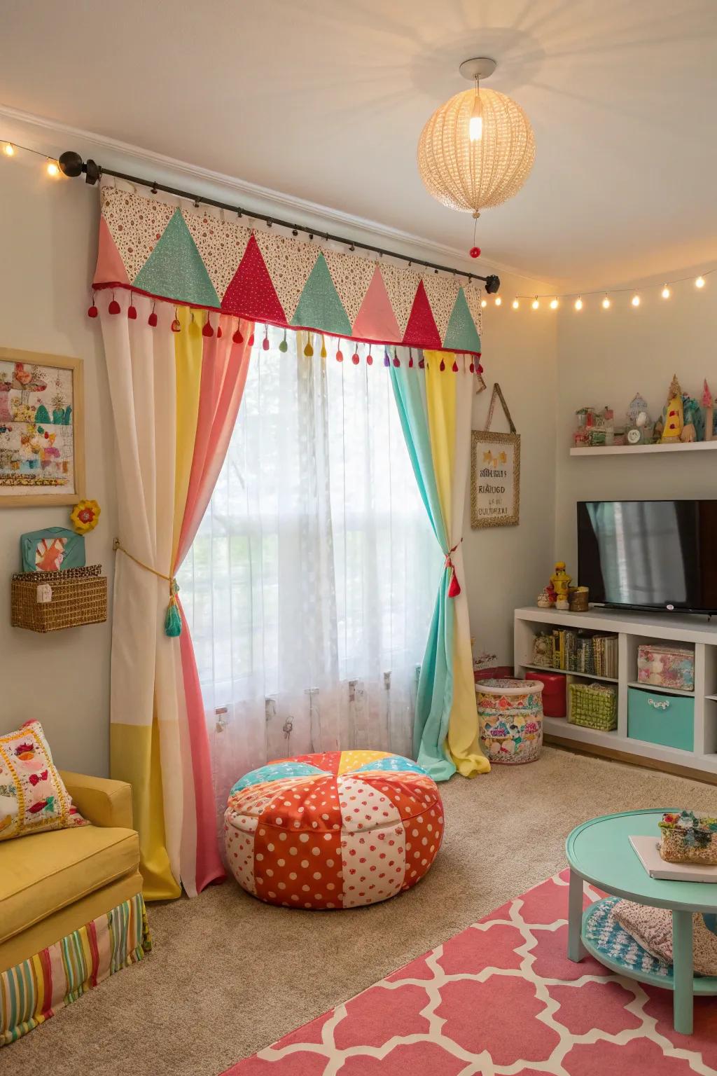 Decorative upper-window coverings add a charming touch.