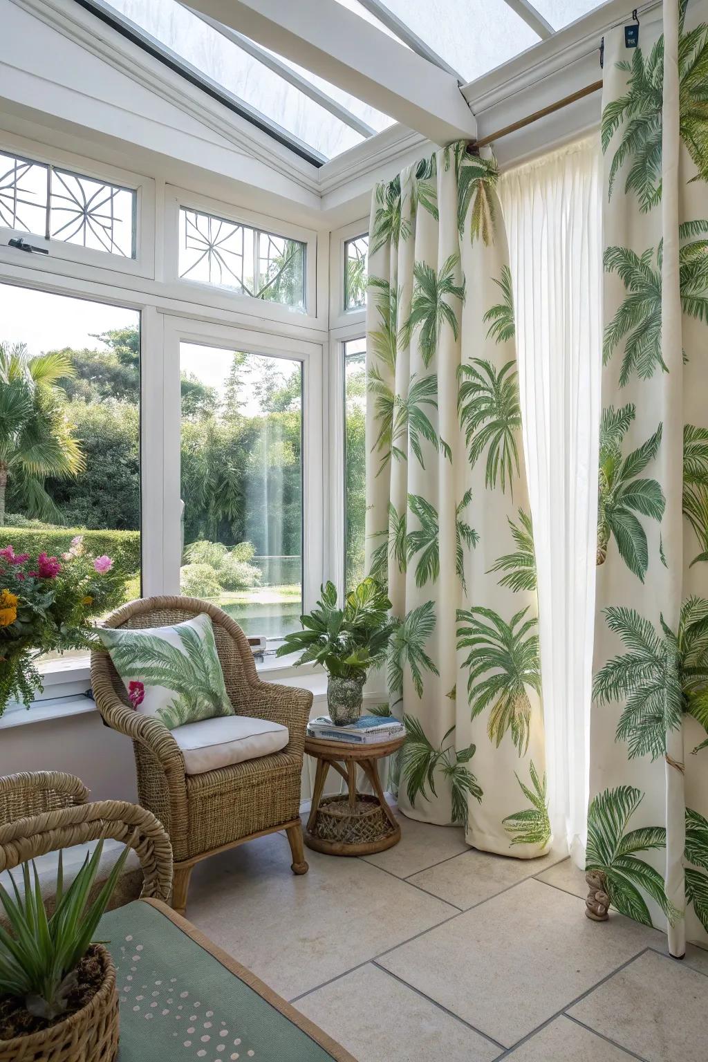 Tropical imprints in curtains can transport you to an exotic retreat.