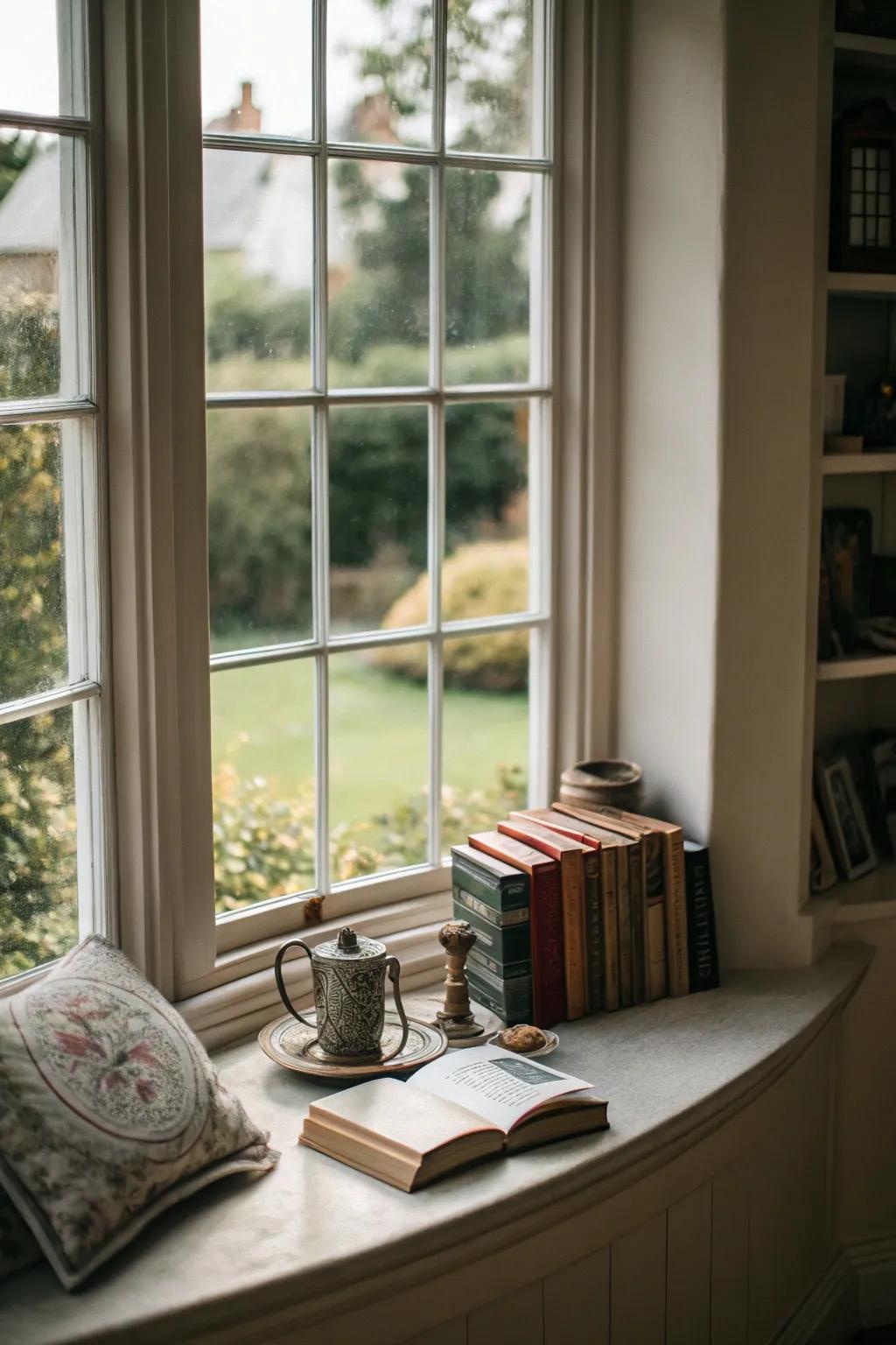 This curved bay window has a clever use of a small rack.