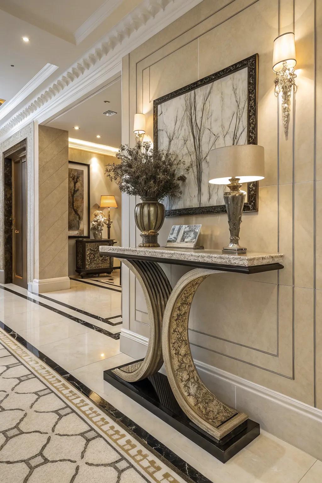 Artful entryway table creating a striking first impression