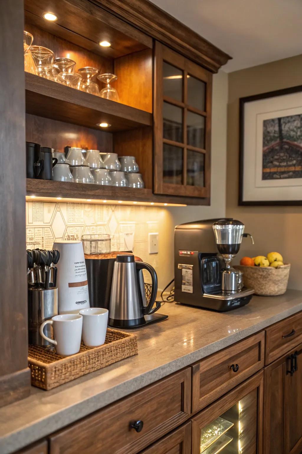 A coffee station integrated into a dwelling bar for coffee enthusiasts.