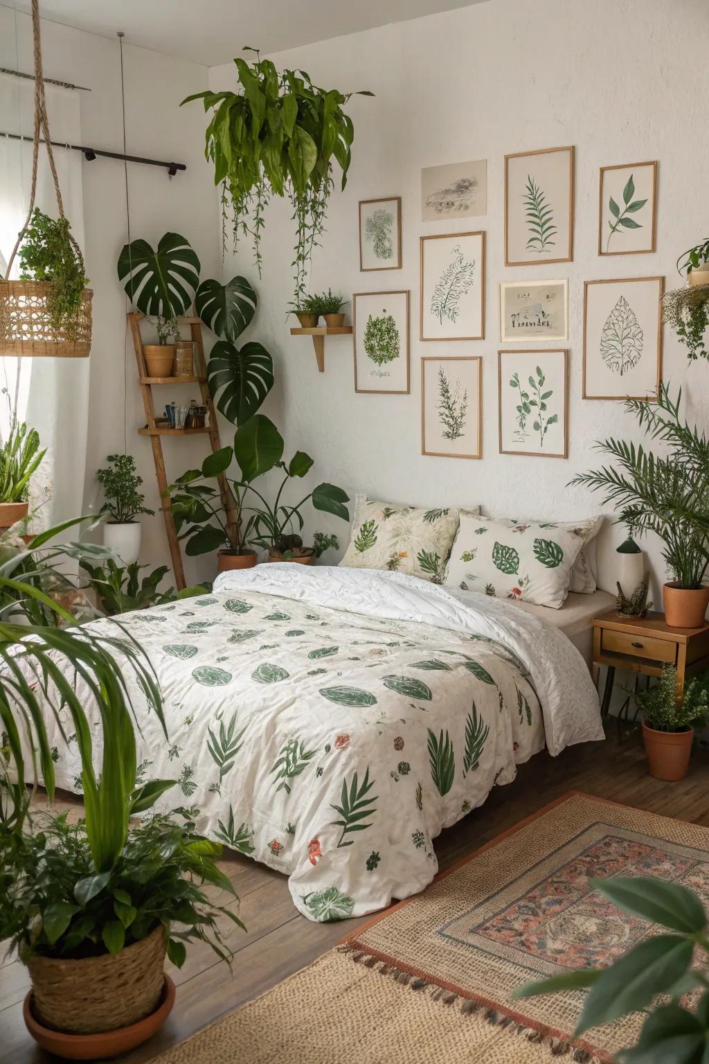 Botanical accents bring tranquility and freshness to the room.