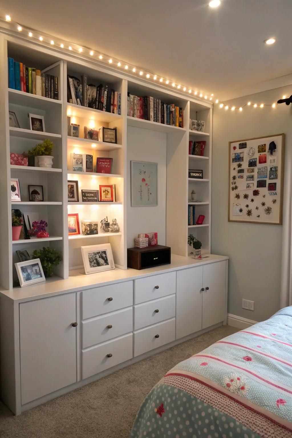 Creative shelving in a teen room designed for storage and style.