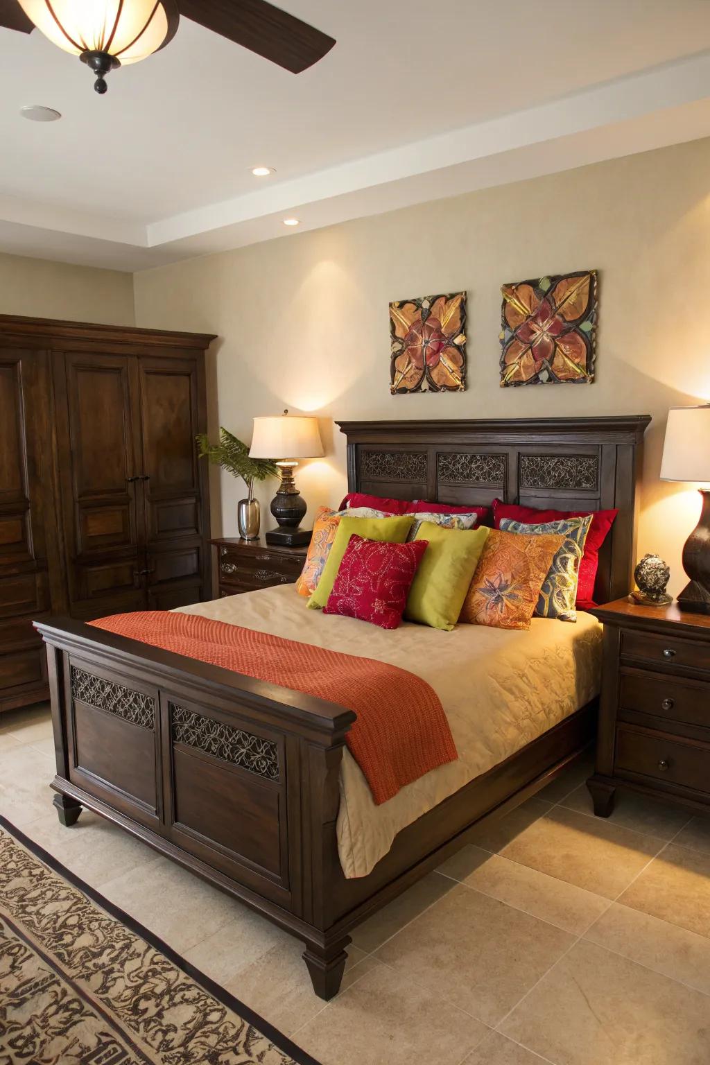 A bright dash of color enlivens deep brown décor, adding vibrancy.