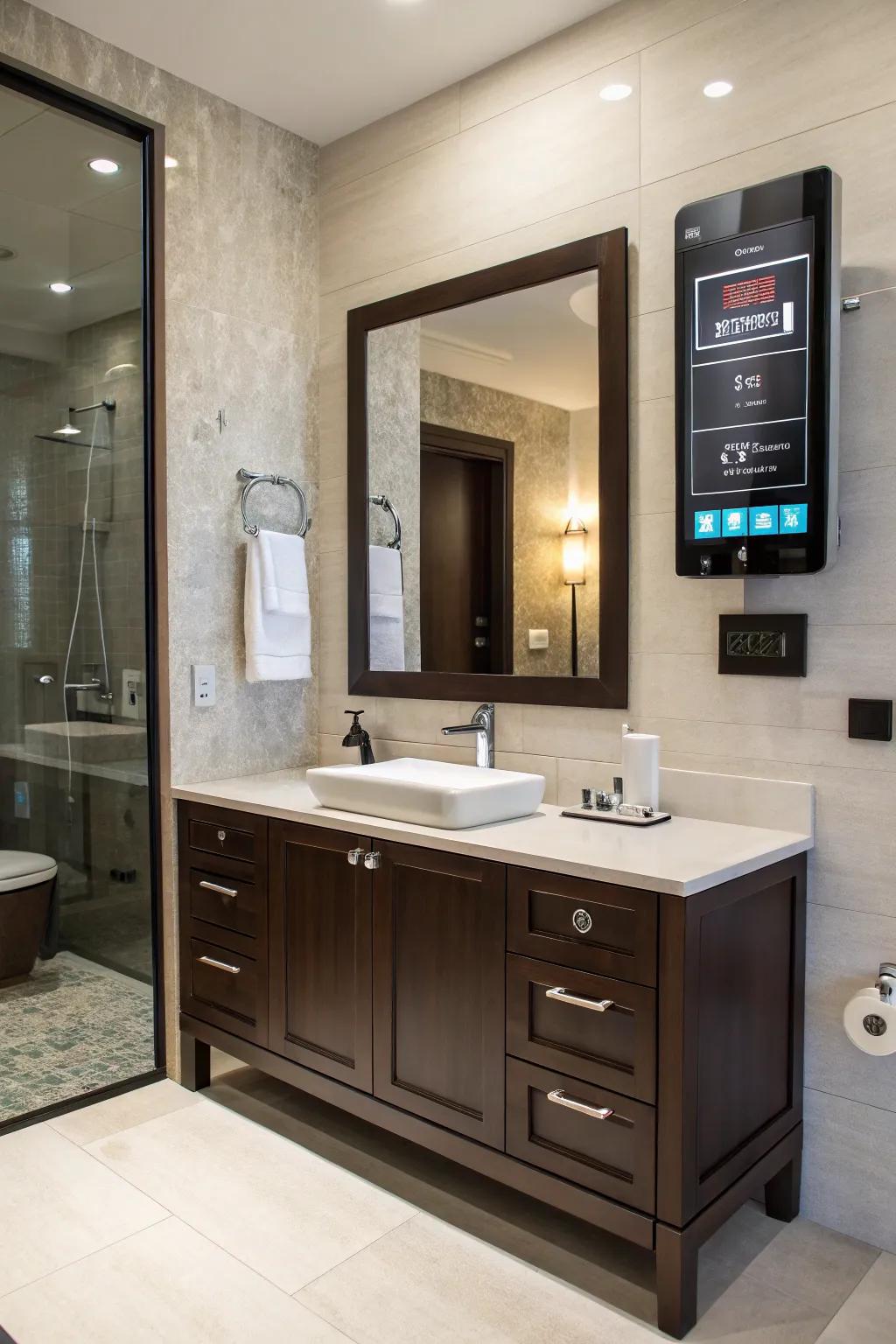 Avant-garde features impart contemporary ease to a dark brown vanity.