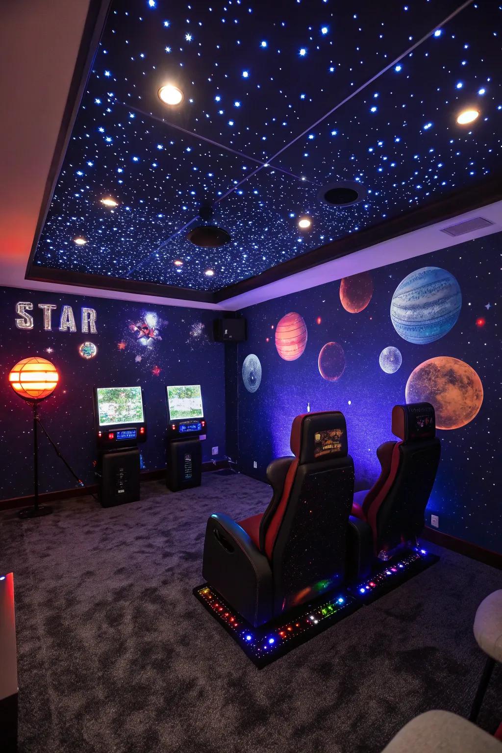 A space-themed design transports your gaming room to a cosmic realm.