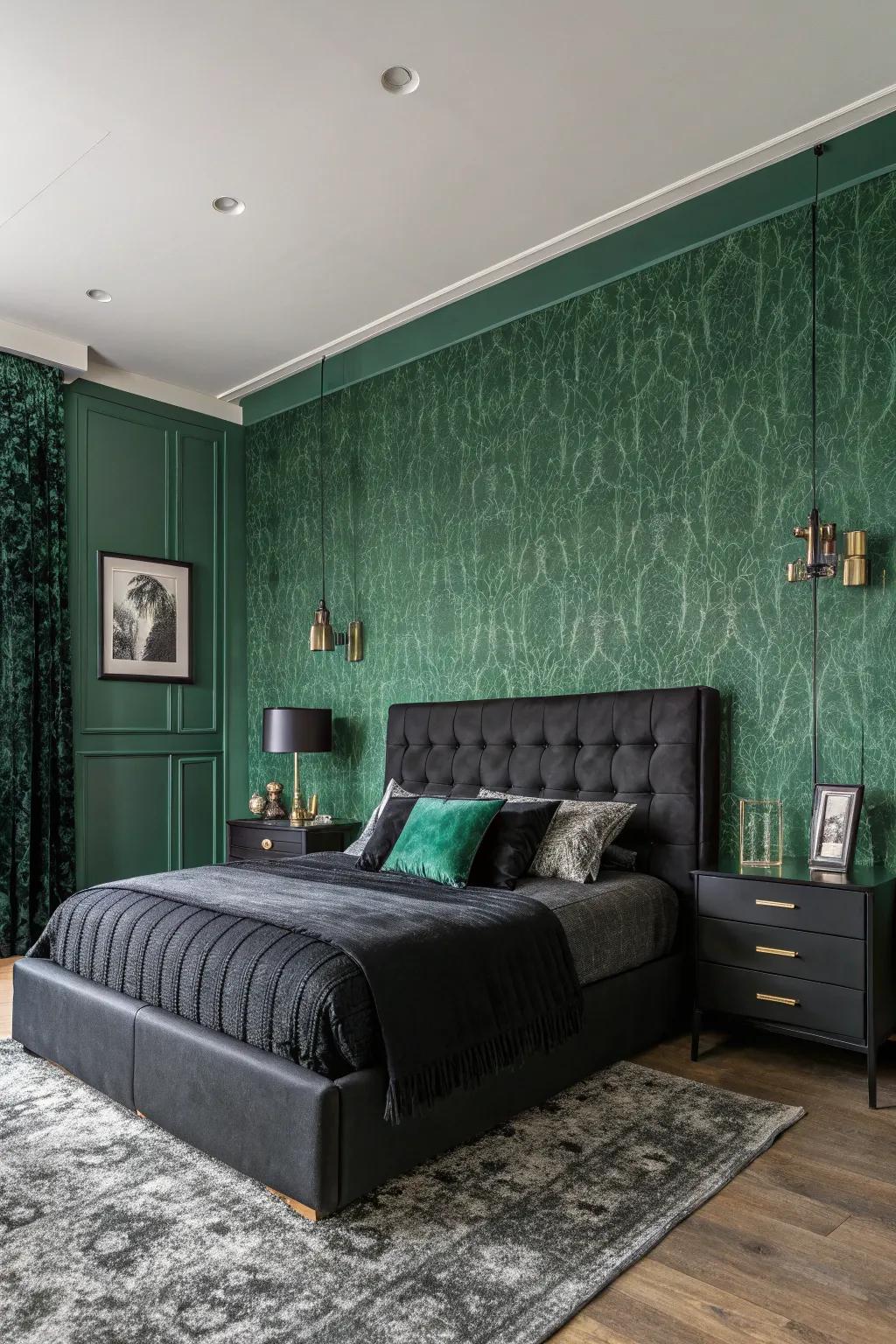 Textured green wallpaper adds depth to the space.