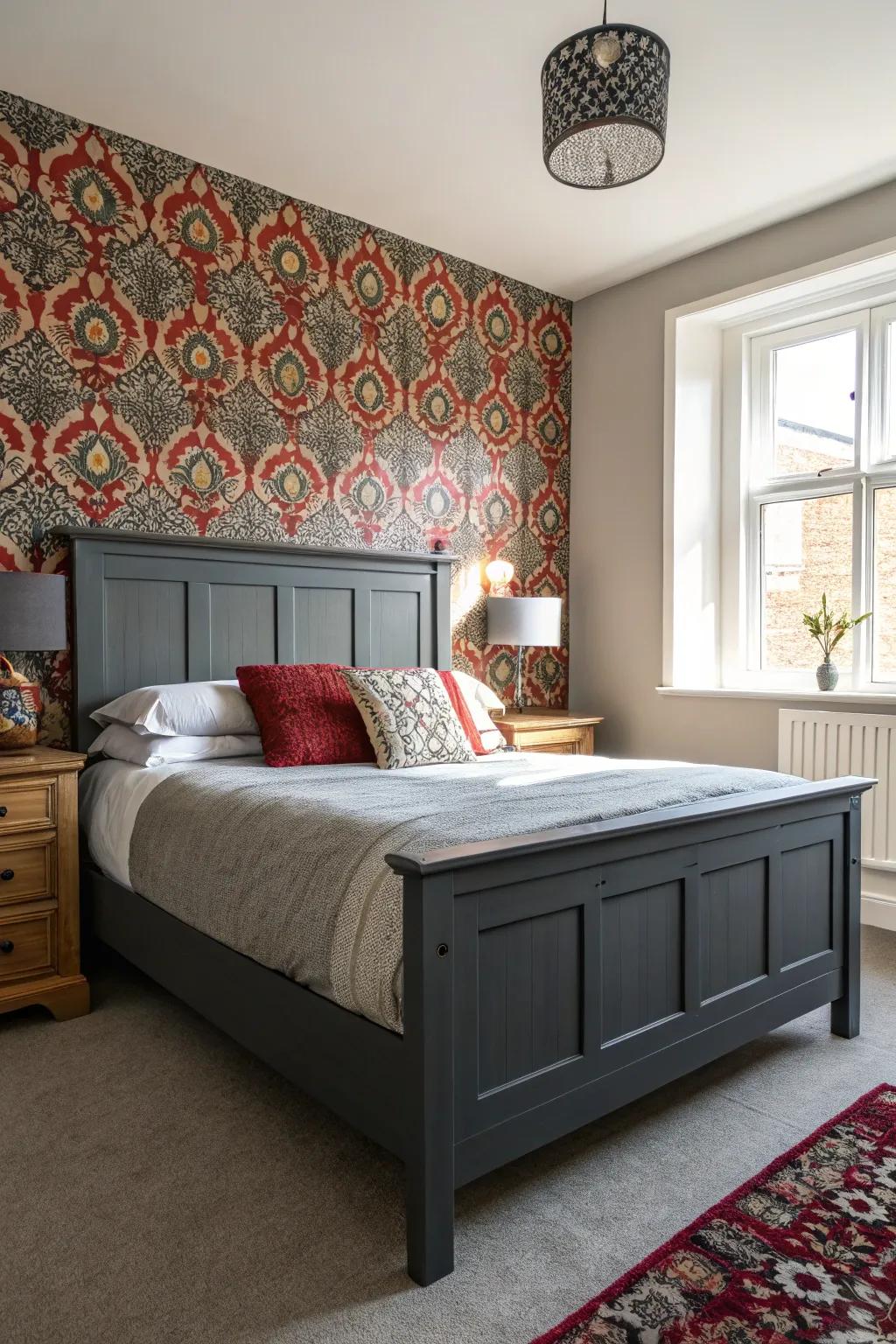 A dramatic wall highlights the focal point of a dark grey bed frame.