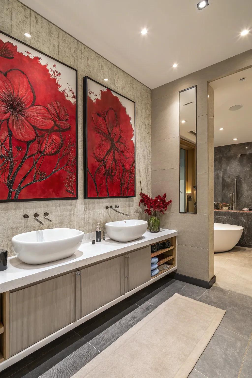 Declaration crimson graphic defines and customizes your bathroom.