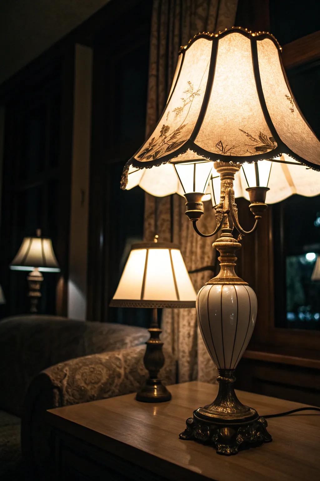 A lamp with soft white bulbs illuminating a shaded room.