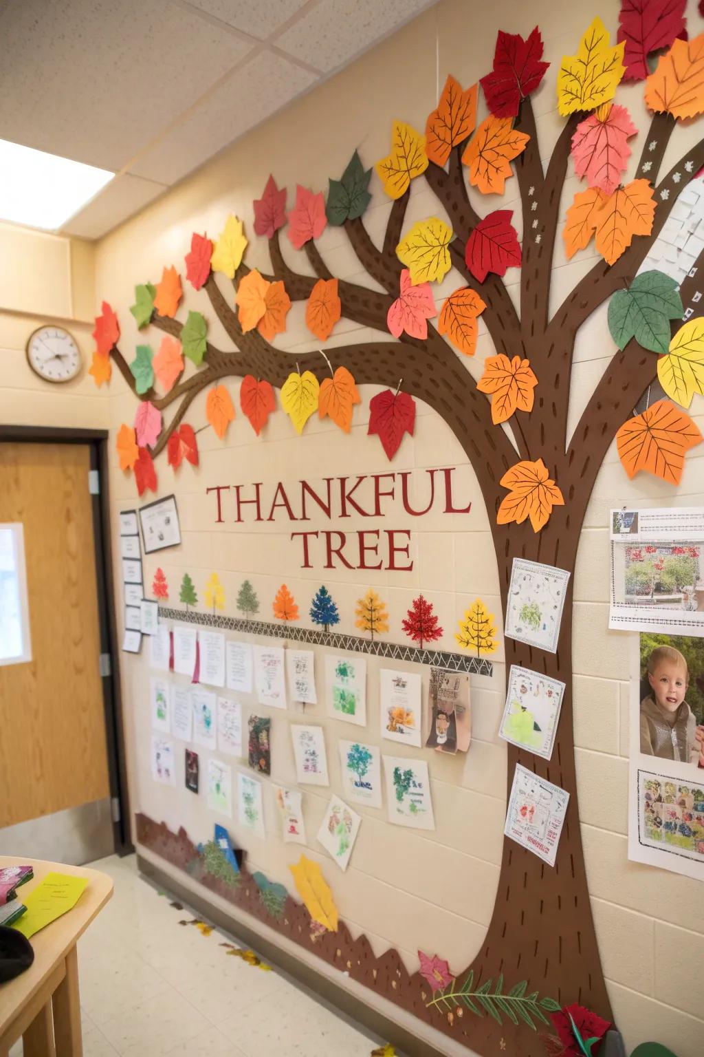 Tree of Gratitude board showcasing gratitude-filled leaves.