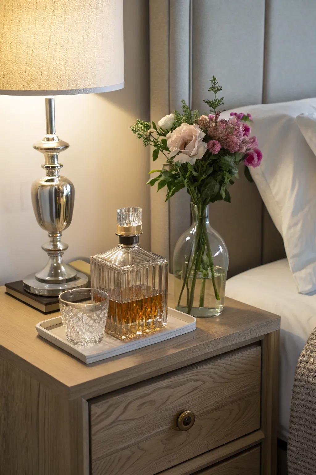 A nightstand featuring a carafe used to hold water or blossoms.