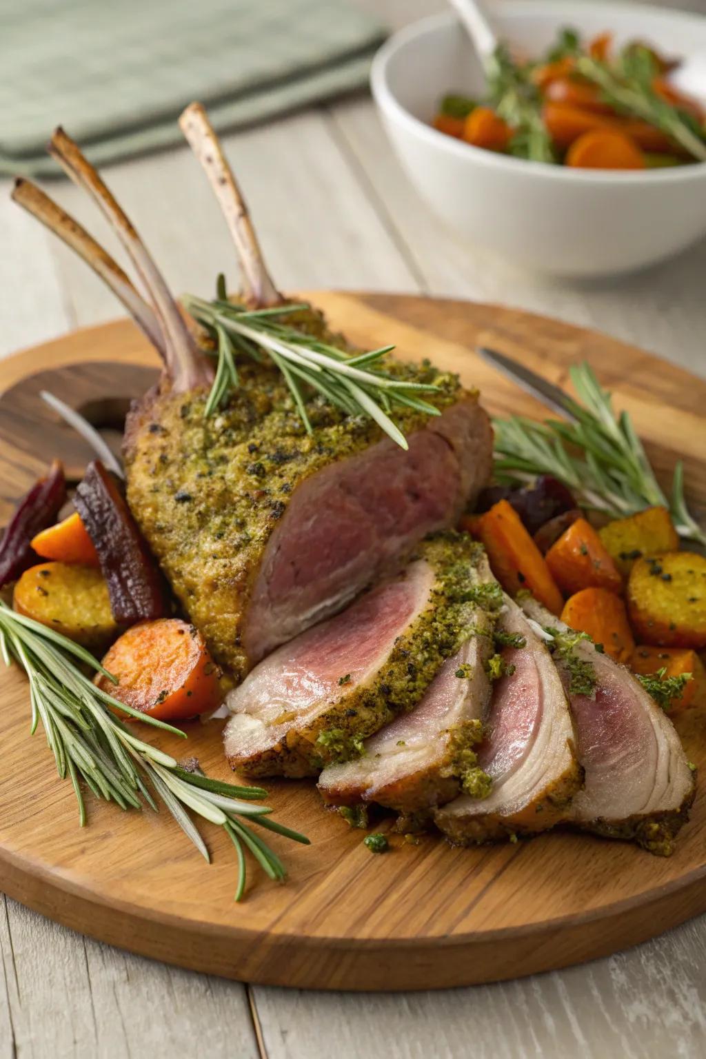Herb-layered sheep ribs, an elegant option for a celebratory December dinner.