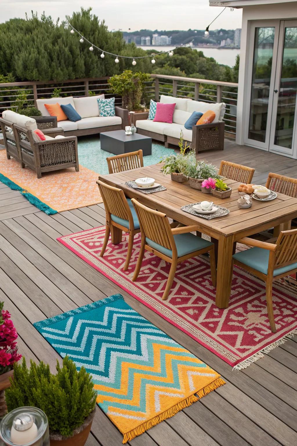 Deck rugs add comfort and define spaces on your deck.