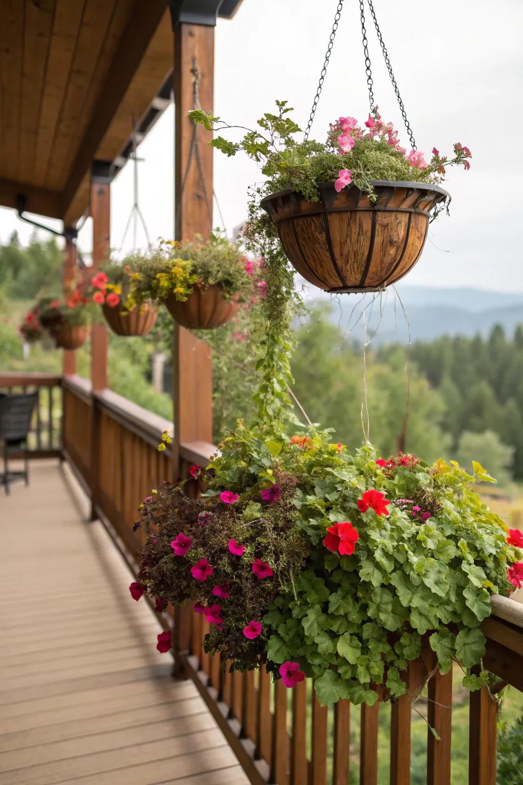 Hanging baskets add lush greenery while conserving precious floor space.
