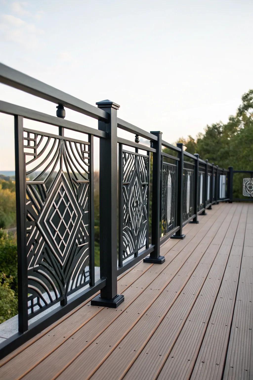 Geometric patterns in black railings add a creative and artistic flair.