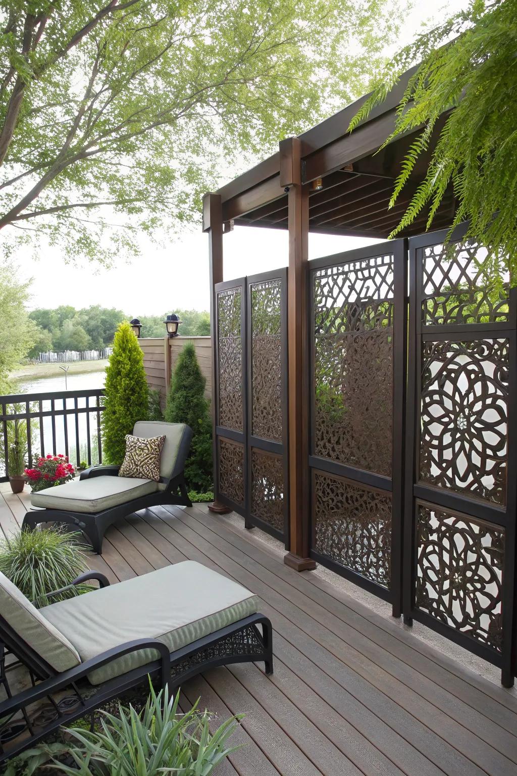 A stylish deck featuring privacy screens as balustrades, offering artistic flair and privacy.