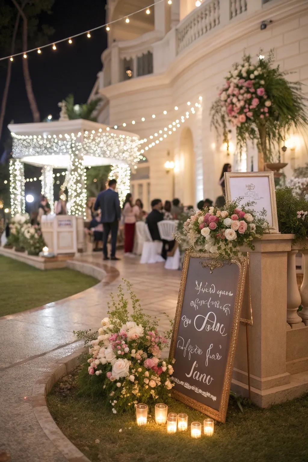 Custom signs adding a unique touch to a wedding venue.