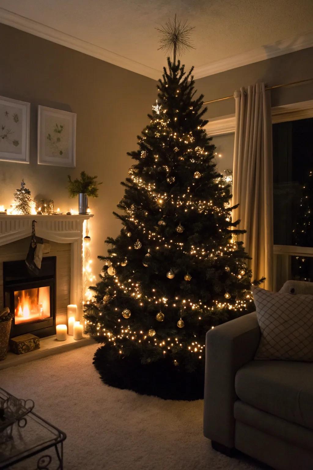 A dark fir glowing with dazzling illumination.