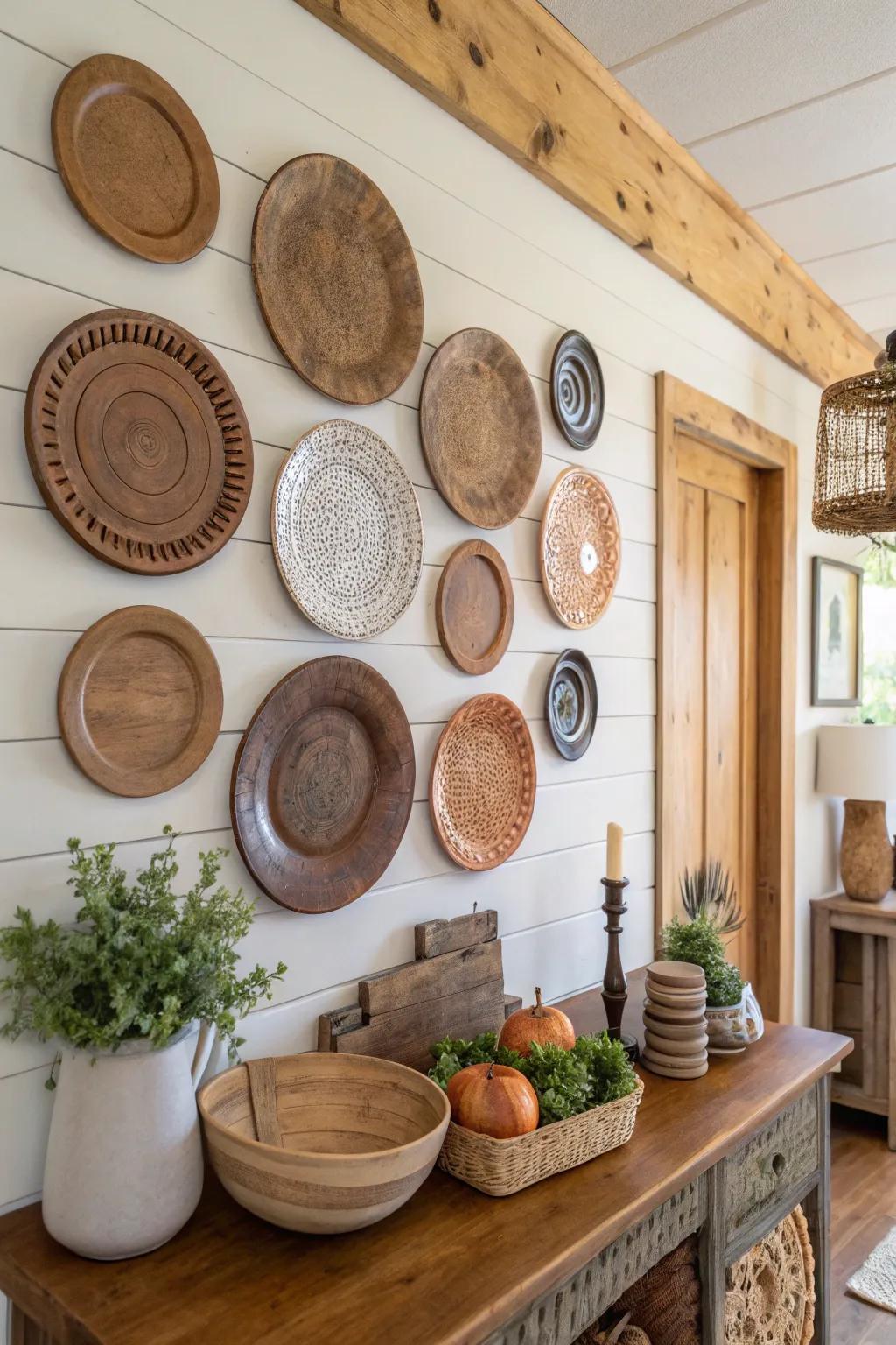 Down-to-earth plates paired with timber décor fashion an inviting vibe.