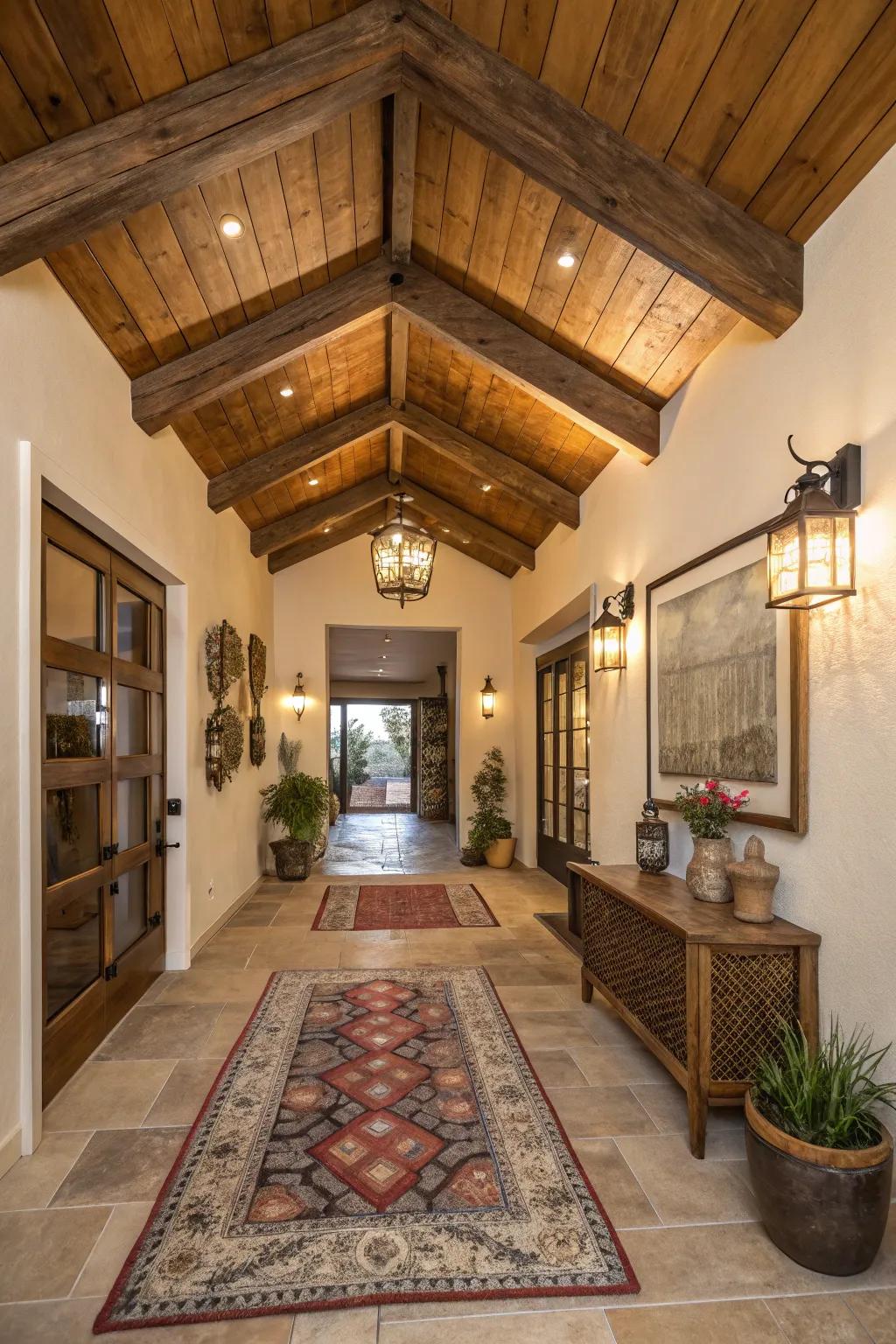A grand and welcoming first impression is made by beamed entryways.