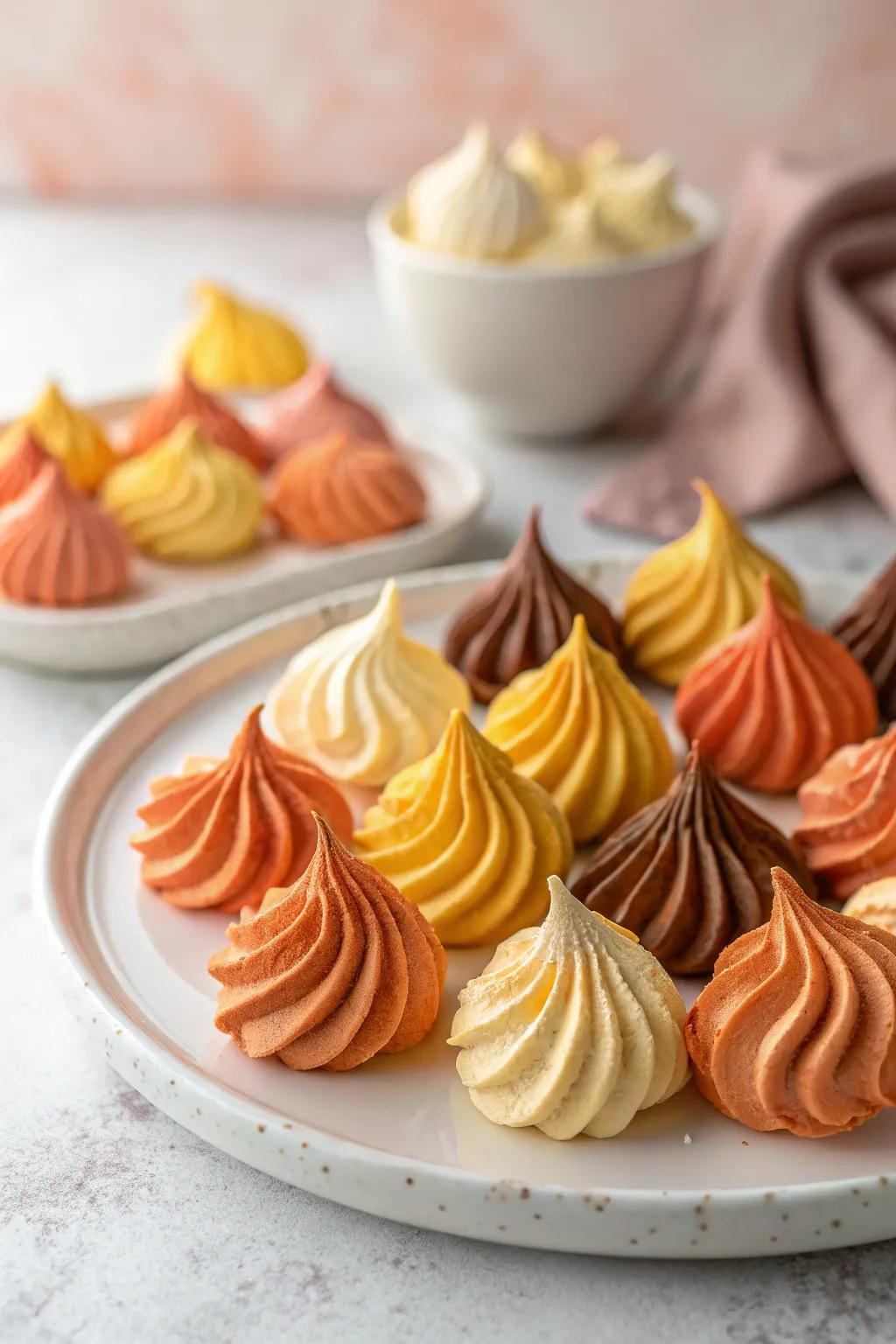 Small meringues in inviting shades encompassing tangerine, saffron, and cocoa.