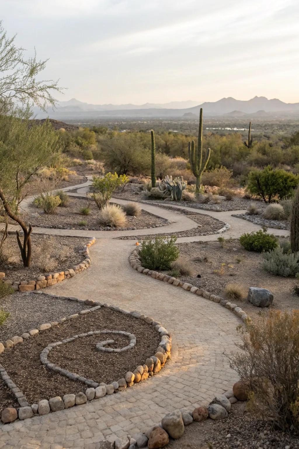 Gravel of disparate dimensions establishing demarcated pathways and planting alcoves.