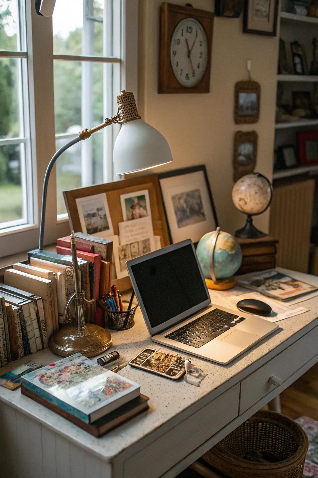 Personal mementos infuse sentimental value into the workspace.