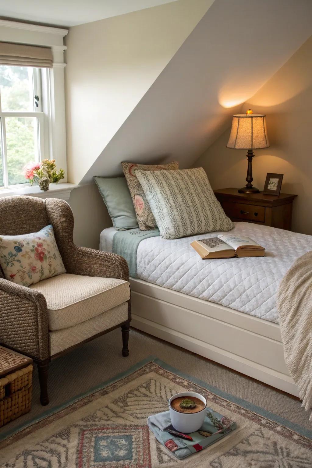 A reading nook adds charm and purpose to the bed.
