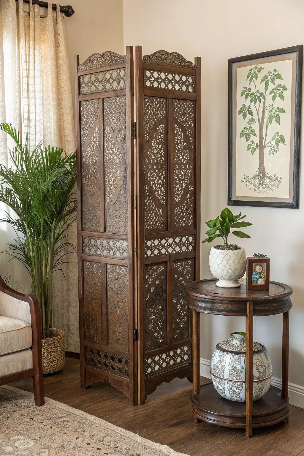 A decorative screen adds style and subtle separation to the dining area.