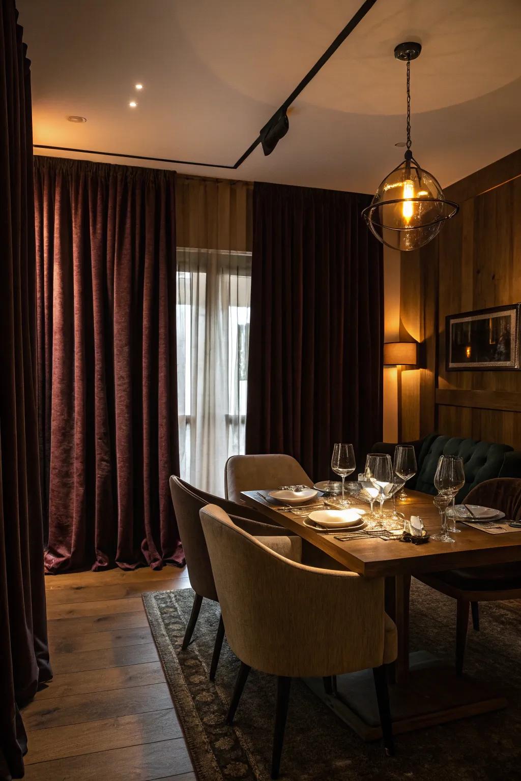 Blackout window dressings creating a private dining atmosphere.