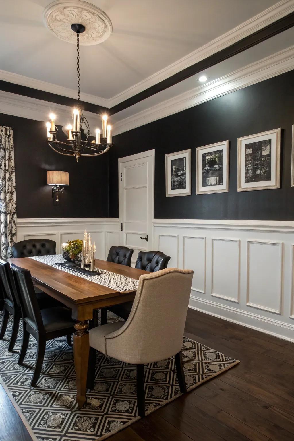 A striking black and white color scheme creates bold contrast.