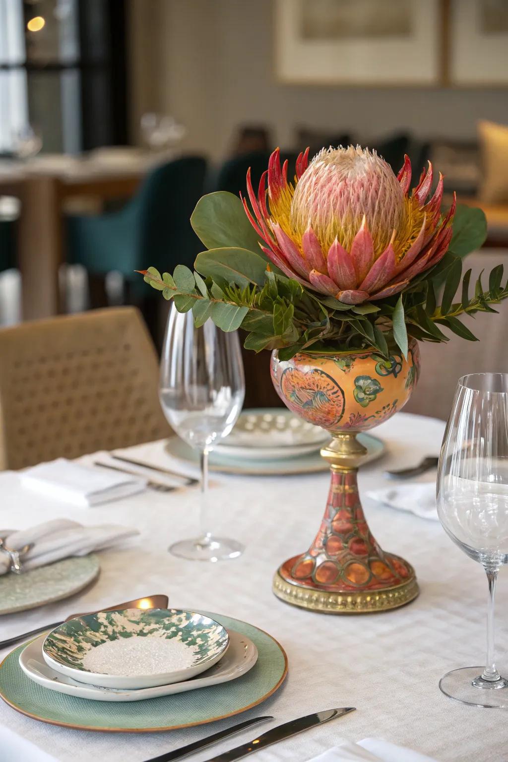 An artistic centerpiece adds a personal and creative element to the dining table.